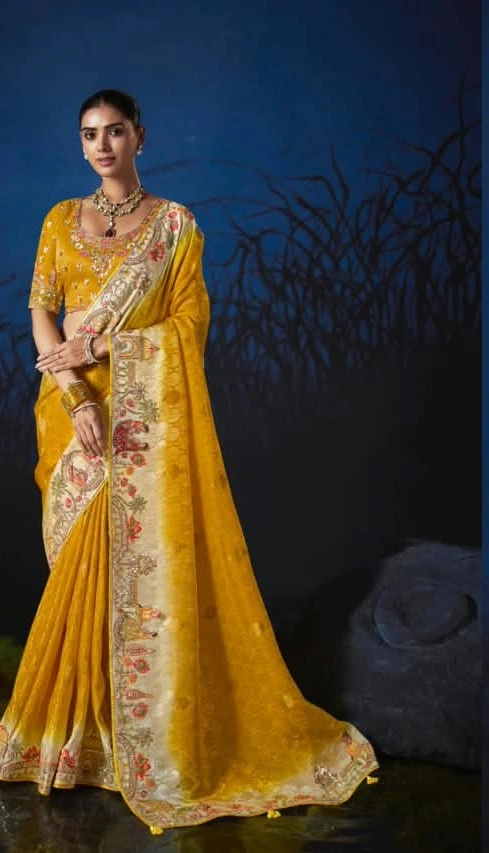 Mustard Yellow Anaara Pure Viscose Zari Tissue Embellished Saree